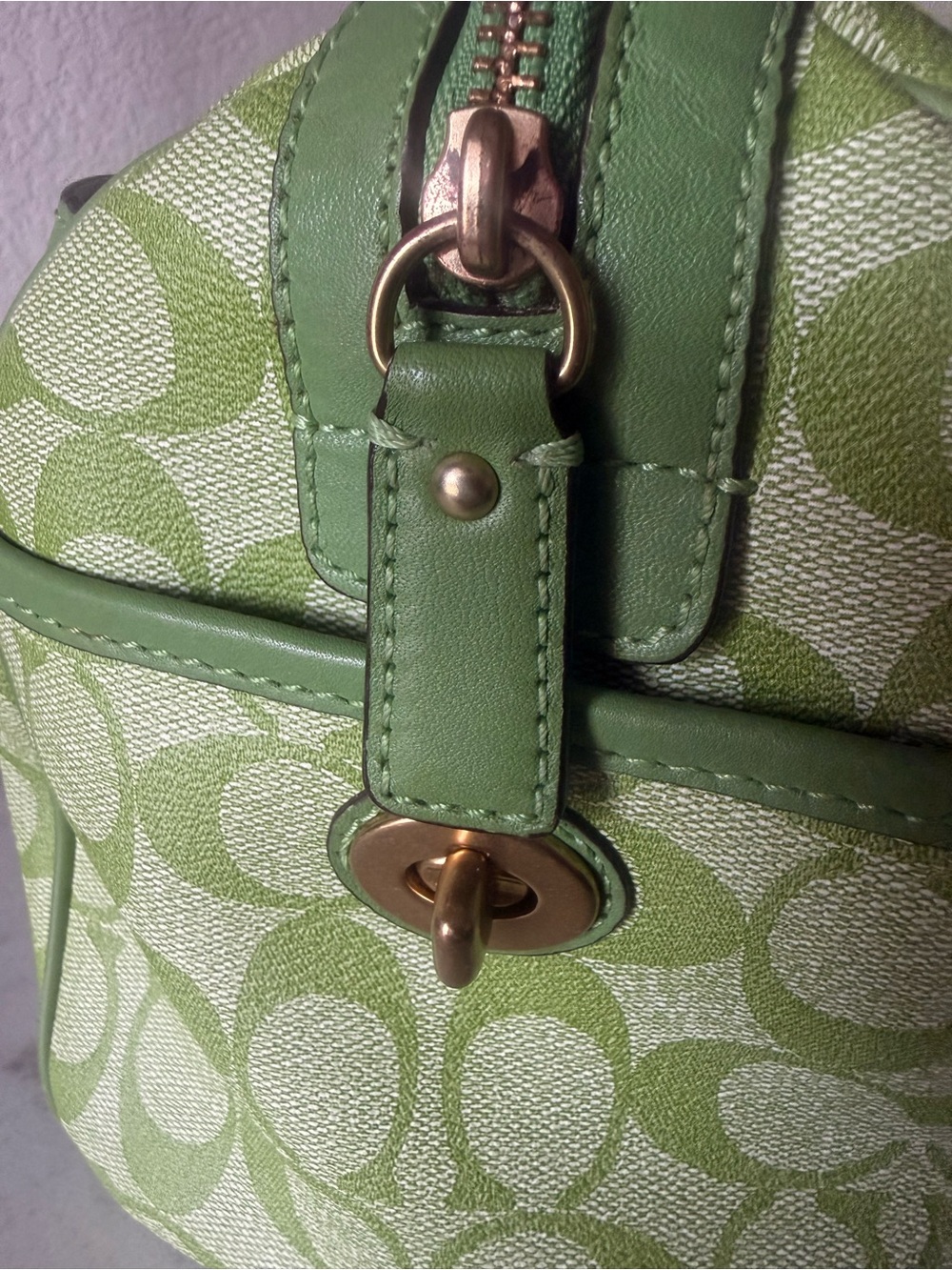 Coach Lime Green Signature Stripe Satchel with White Accents - Picture 11 of 12